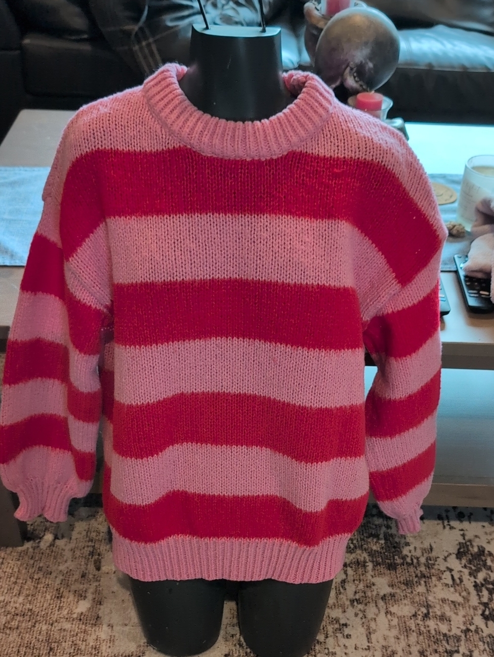 SHEIN Pink and Red Striped Crewneck Sweater